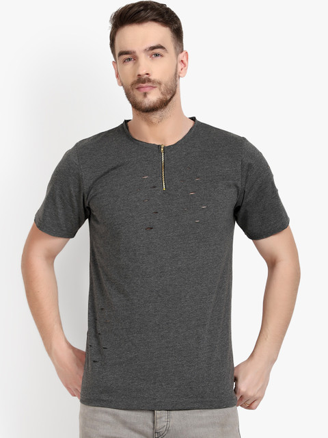 

PAUSE SPORT Men Grey Solid Slim Fit Hood T-shirt