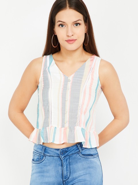 

Ginger by Lifestyle Women Off-White & Grey Striped Peplum Crop Top