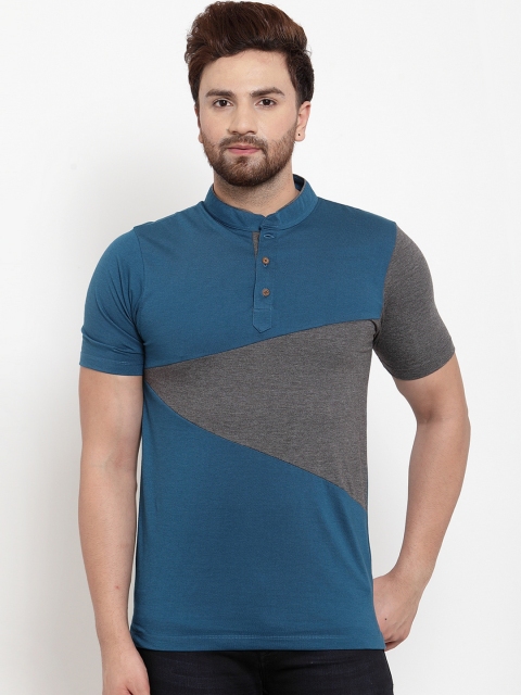 

Kalt Men Teal-Blue & Grey Colourblocked Round Neck T-shirt