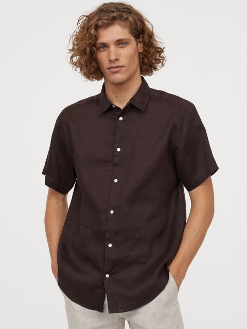 

H&M Men Brown Solid Linen Regular Fit Shirt
