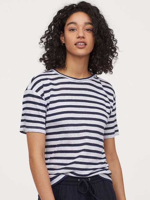

H&M Women Navy Blue & White Linen-blend T-shirt