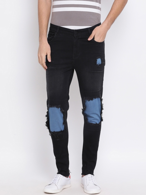 

REALM Men Black Skinny Fit Mid-Rise Highly Distressed Jeans with Blue Patches