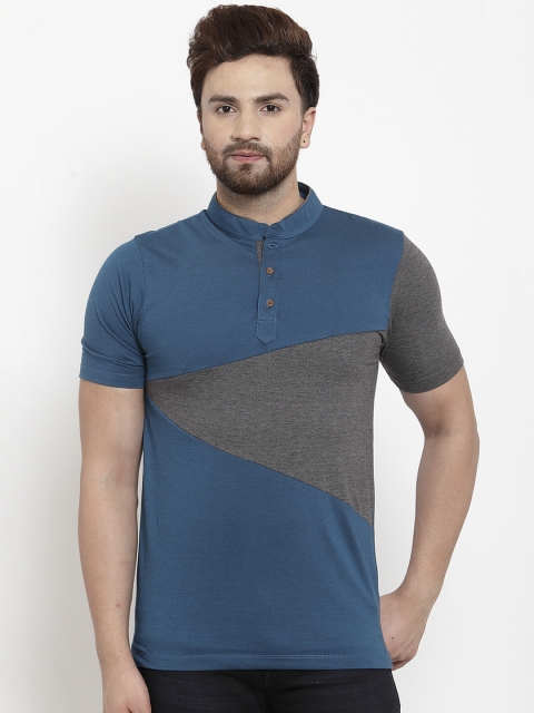 

Kalt Men Teal Blue & Grey Colourblocked Mandarin Collar T-shirt