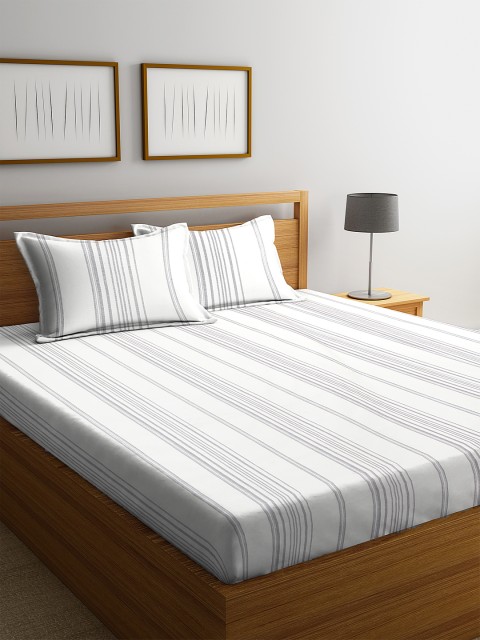 

HOSTA HOMES White & Grey Striped 300 TC Cotton 1 Queen Bedsheet with 2 Pillow Covers