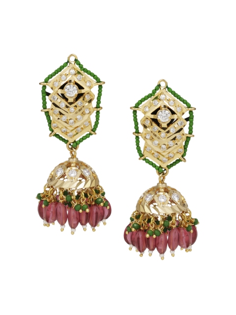 

DUGRISTYLE Gold-Plated & Orange Dome Shaped Sterling Silver Rajwada Jhumkas