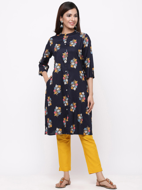 

Juniper Women Navy Blue & Yellow Printed A-Line Kurta