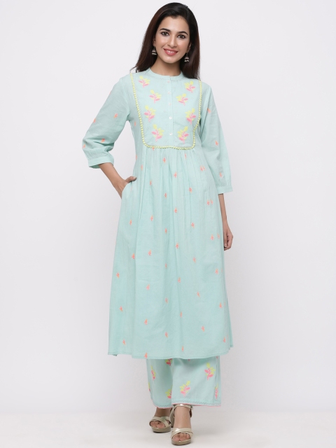 

Juniper Women Sea Green Embroidered Kurta with Palazzos