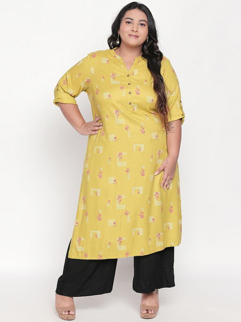

RANGMANCH PLUS by Pantaloons Women Yellow Printed Straight Kurta