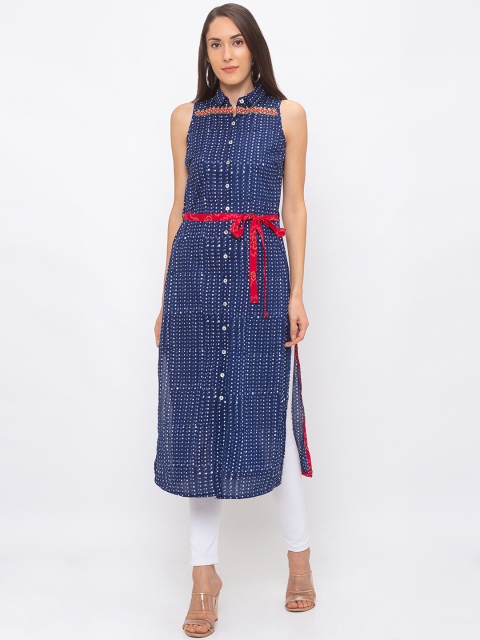 

Globus Women Navy Blue & White Printed Straight Kurta