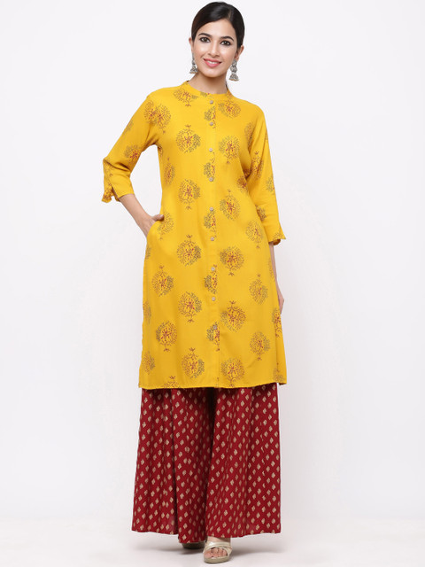 

Juniper Women Mustard Yellow & Maroon Printed A-Line Kurta