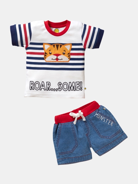 

Pranava Boys White & Blue Printed Organic Cotton T-shirt with Shorts