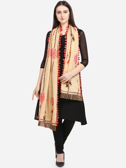 

Mesmora Women Beige & Coral Embroidered Stole