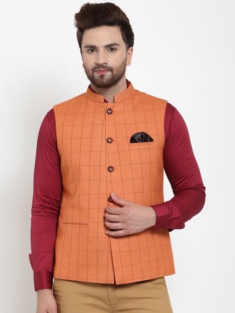 

MAXENCE Men Orange Checked Nehru Jacket