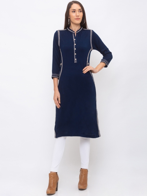Globus Women Navy Blue Solid A-Line Kurta