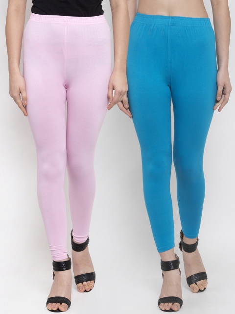 

TAG 7 Women Pack of 2 Blue & Pink Solid Ankle-Length Leggings