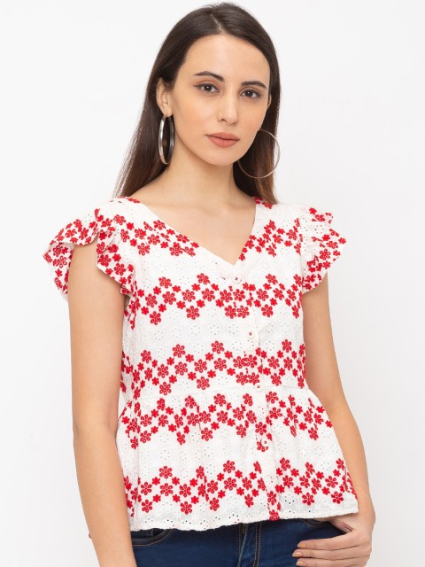

Globus Women White & Red Schiffli Peplum Top