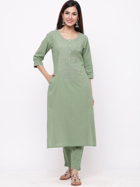 

Juniper Women Green Embroidered Kurta with Trousers