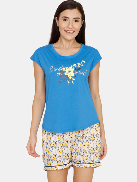 

Zivame Women Blue & Cream-Coloured Printed Night Suit