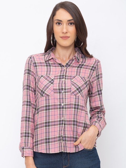 

Globus Women Pink & Grey Regular Fit Checked Casual Shirt