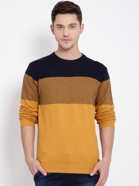 

t-base Men Mustard Yellow & Navy Blue Colourblocked Pullover Sweater