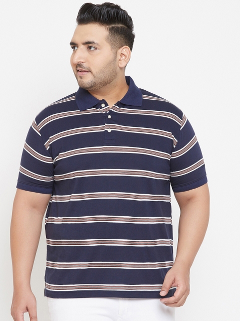 

bigbanana Plus Size Men Navy Blue Striped Polo Collar T-shirt