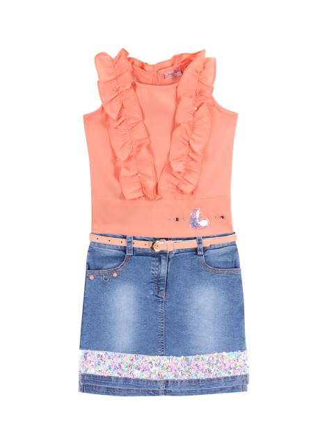 

CUTECUMBER Girls Orange & Blue Solid Top with Skirt