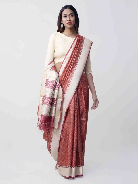 

Unnati Silks Red & Cream-Coloured Pure Silk Handloom Printed Tussar Saree