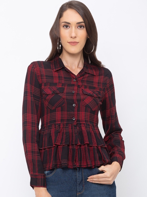 

Globus Women Black & Red Checked Shirt Style Top
