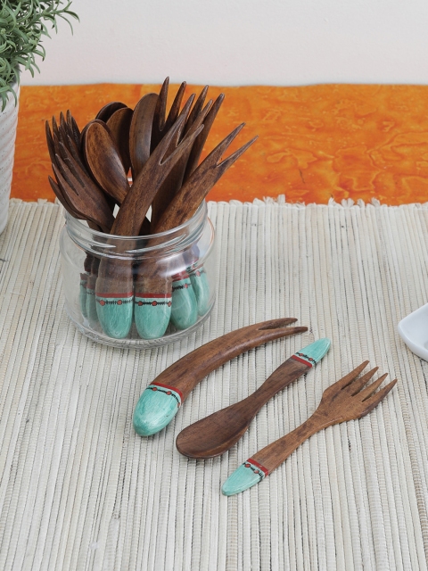 

VarEesha Set of 18 Brown Solid Wooden Small Spoons, Forks and Fruit Forks with Aqua Edges