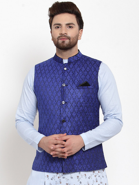 

MAXENCE Men Blue & Black Woven Design Nehru Jacket