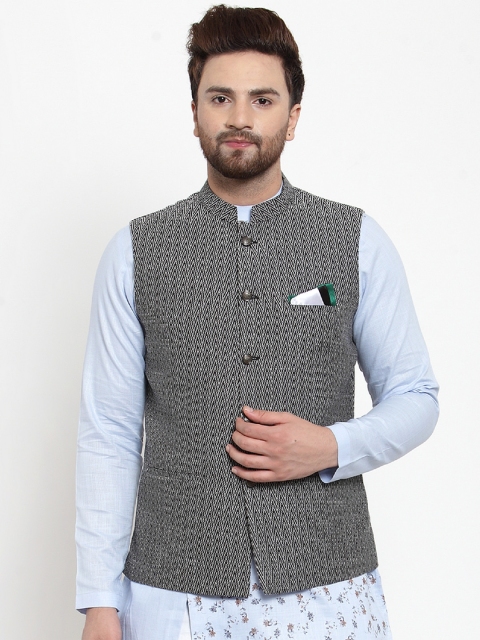 MAXENCE Men Black & White Jacquard Woven Design Slim Fit Nehru Jacket