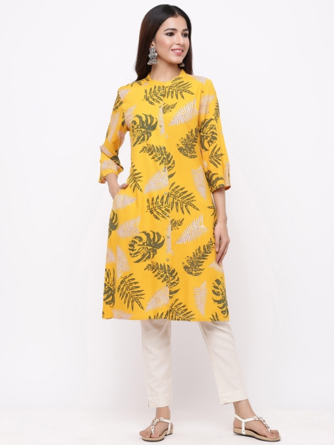 

Juniper Women Mustard Yellow & Olive Green Printed Straight Kurta