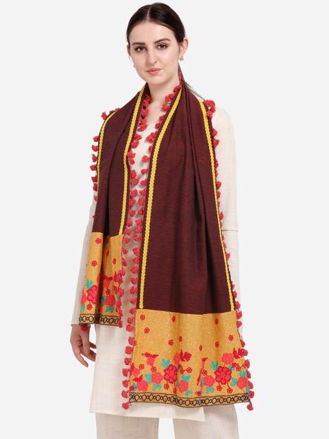 

Mesmora Women Brown & Mustard Yellow Floral Embroidered Stole