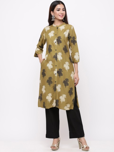 

Juniper Women Olive Green & Black Printed A-Line Kurta