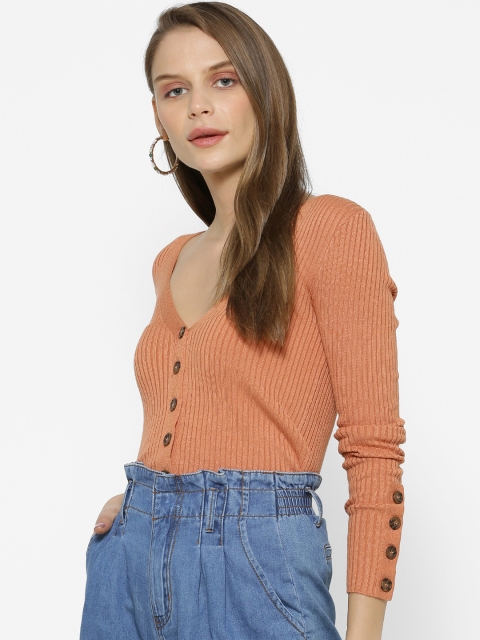 

FOREVER 21 Women Orange Ribbed Cardigan Sweater