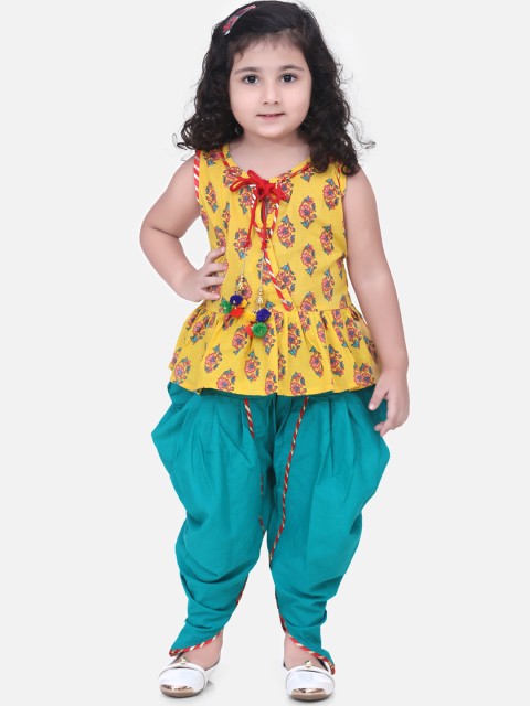 

BownBee Girls Yellow & Green Printed Top with Dhoti Pants
