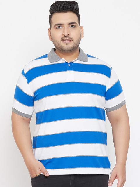 

bigbanana Plus Size Men Blue White Striped Polo Collar T-shirt
