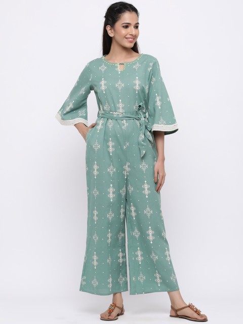 

Juniper Women Sea Green & Off-White Printed Culotte Jumpsuit