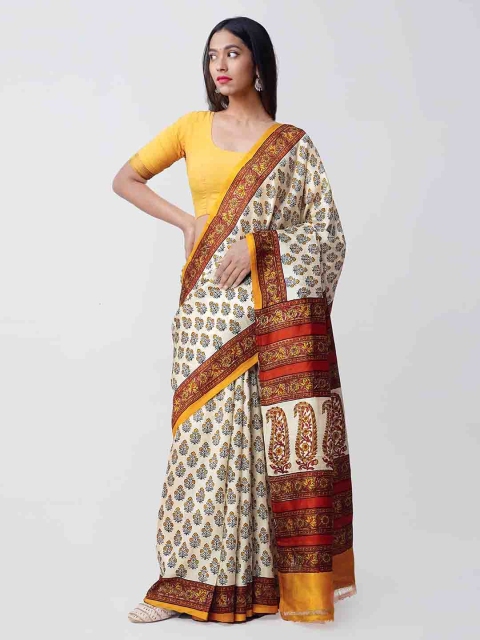 

Unnati Silks Cream-Coloured & Orange Pure Silk Printed Handloom Tussar Saree