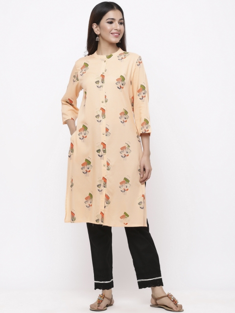 

Juniper Women Peach-Coloured & Green Printed Straight Kurta
