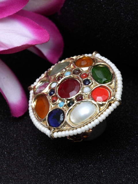 

DUGRISTYLE Gold-Plated Red & Blue Stone-Studded Beaded Navratan Adjustable Finger Ring