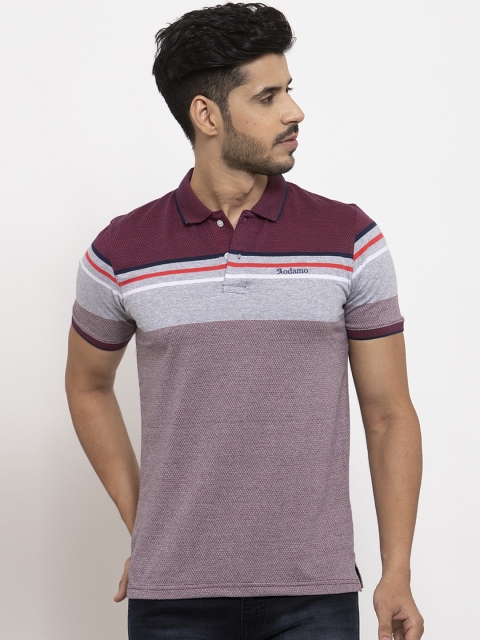 

Rodamo Men Maroon & Grey Slim Fit Striped Polo Collar T-shirt