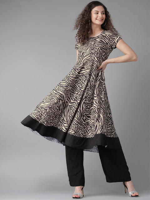 

AKS Women Beige & Black Printed Anarkali Kurta