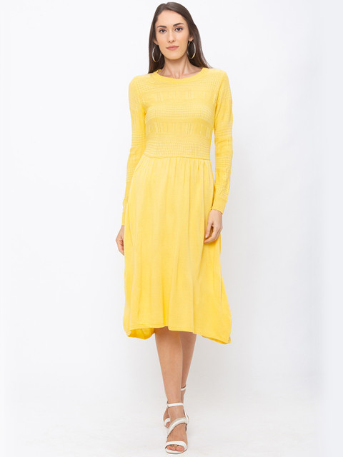 

Globus Women Yellow Self Design Fit and Flare Dress