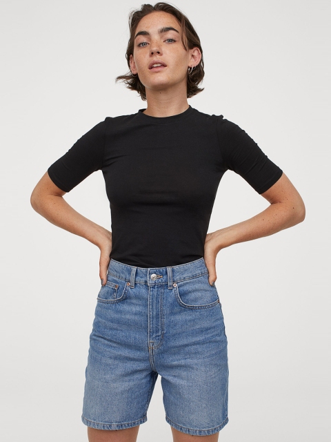 

H&M Women Black Solid Cotton Jersey Top
