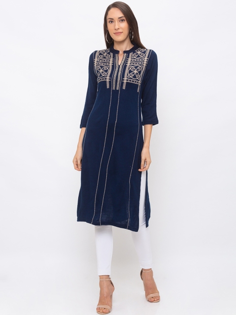 

Globus Women Navy Blue & Beige Embroidered Straight Kurta