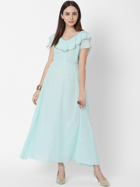

Vedic Women Blue Solid Ruffled Maxi Dress