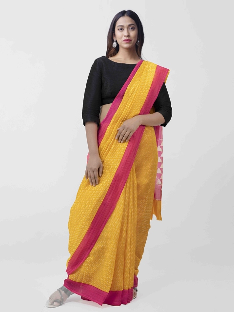 

Unnati Silks Mustard Yellow & Pink Art Silk Printed Pochampally Sustainable Saree