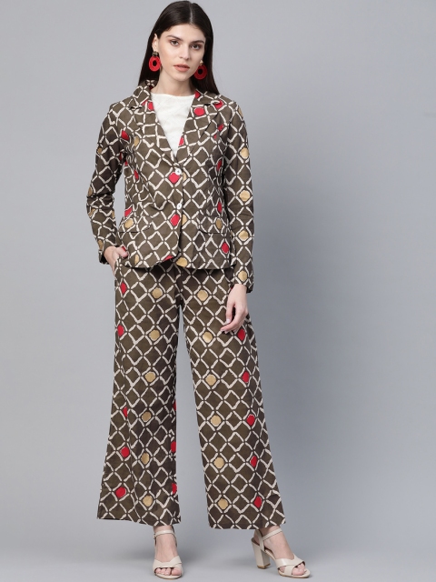 

AKS Women Olive Green & Off-White Printed Coat with Trousers