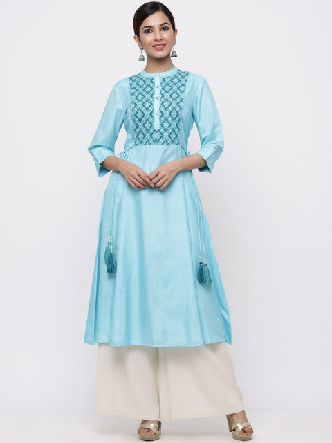 

Juniper Women Turquoise Blue Yoke Design A-Line Kurta